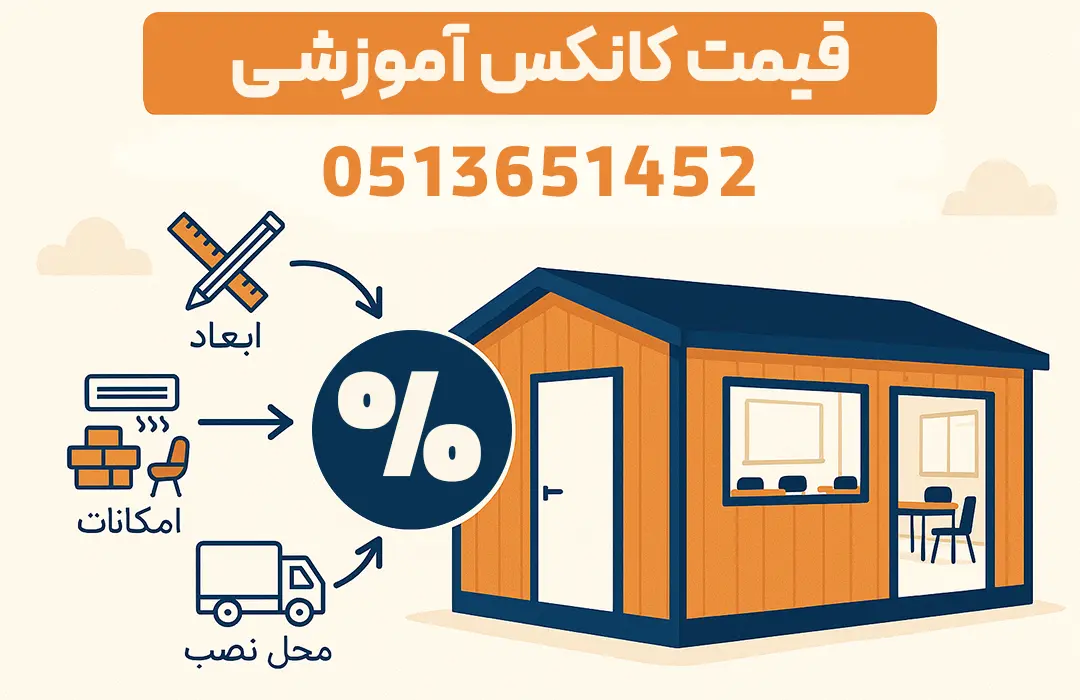 تصویر کانکس آموزشی با توضیح عوامل مؤثر بر قیمت شامل ابعاد، امکانات داخلی و محل نصب همراه با شماره تماس