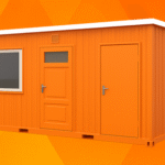 کانکس ترکیبی ساندویچ پانلی نارنجی شامل دفتر کار، سرویس بهداشتی و انباری در یک سازه